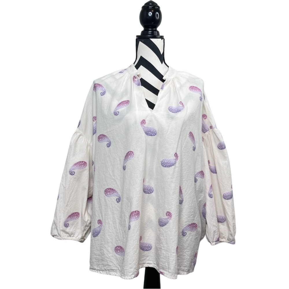 J. Jill Barley Multi Sz XL Cotton Blend Boho Oversized Split-Neck Top